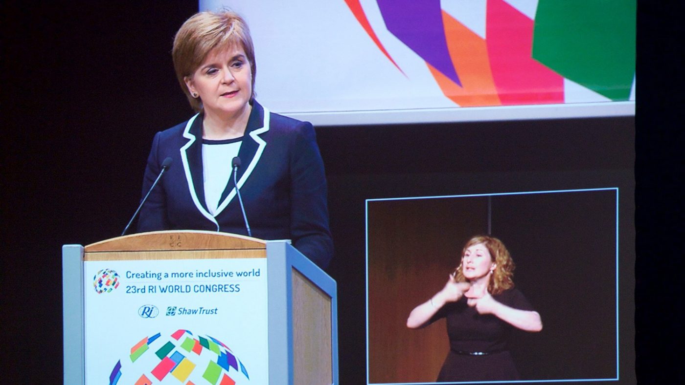 Nicola Sturgeon speaking on stage at the RI World Congress in Edinburgh.