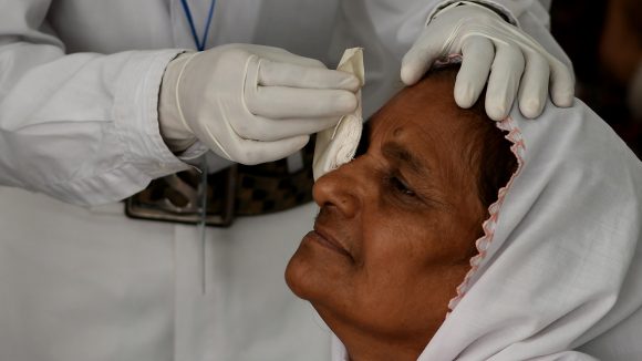 Zamurrad having her patch removed after cataract surgery.