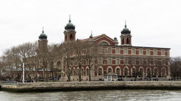 Ellis Island, as seen from a boat.