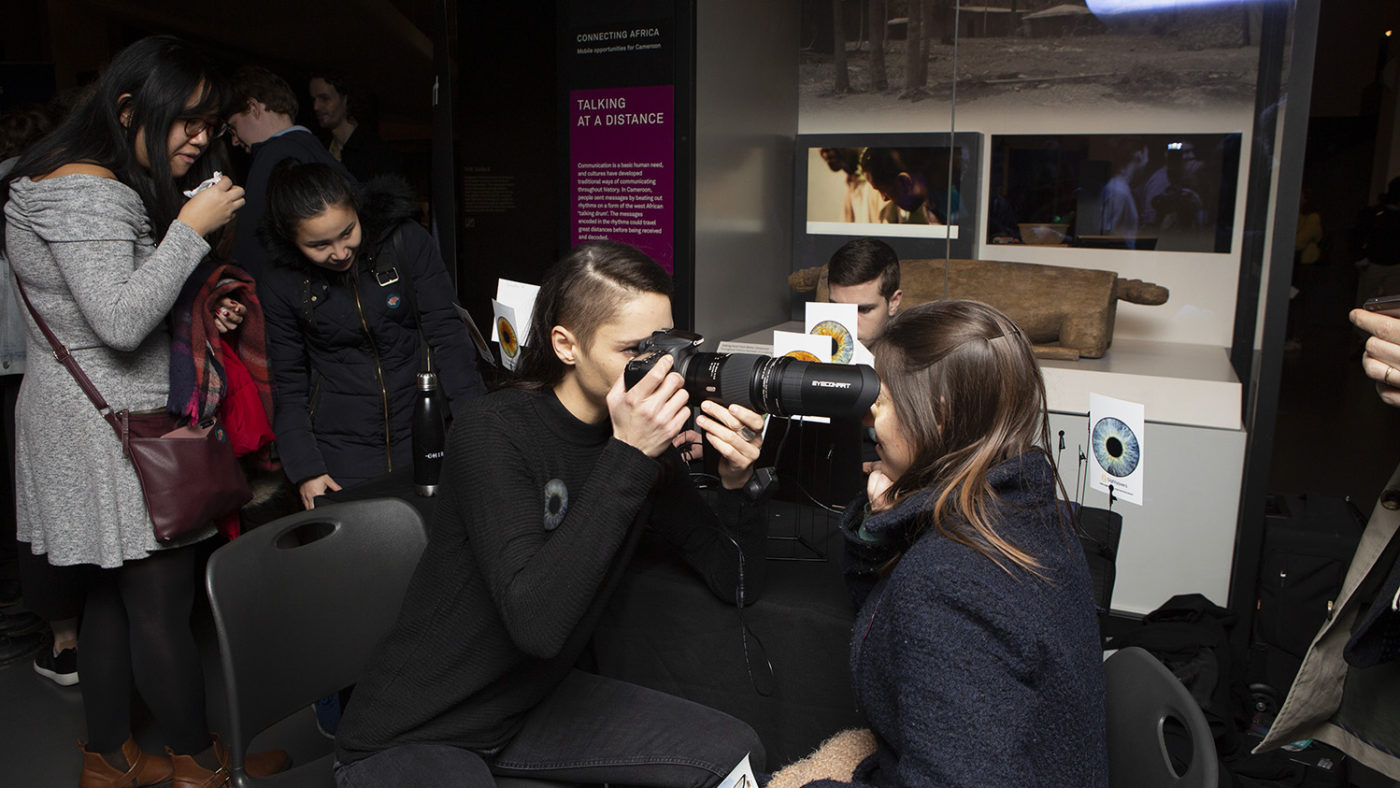 Lates attendee has a photograph taken of their eye.