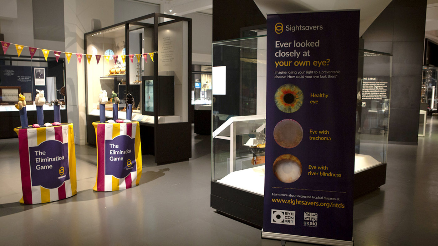 Set up of Sightsavers' stand at the Science Museum Lates event.