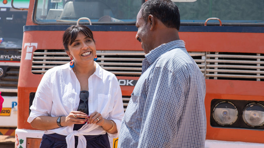 Actress Sunetra Sarker speaks to a truck driver.