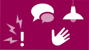 A purple illustration showing icons for speech, a light, a hand and an exclamation mark.