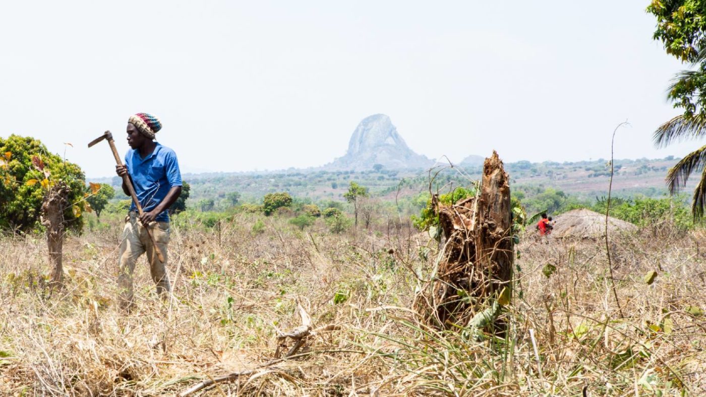 A farmer works in a field nearby his home in Cemente, Mozambique.