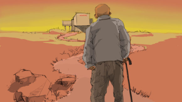 An illustration of a man with a walking stick walking a long road, with a hospital far in the distance.