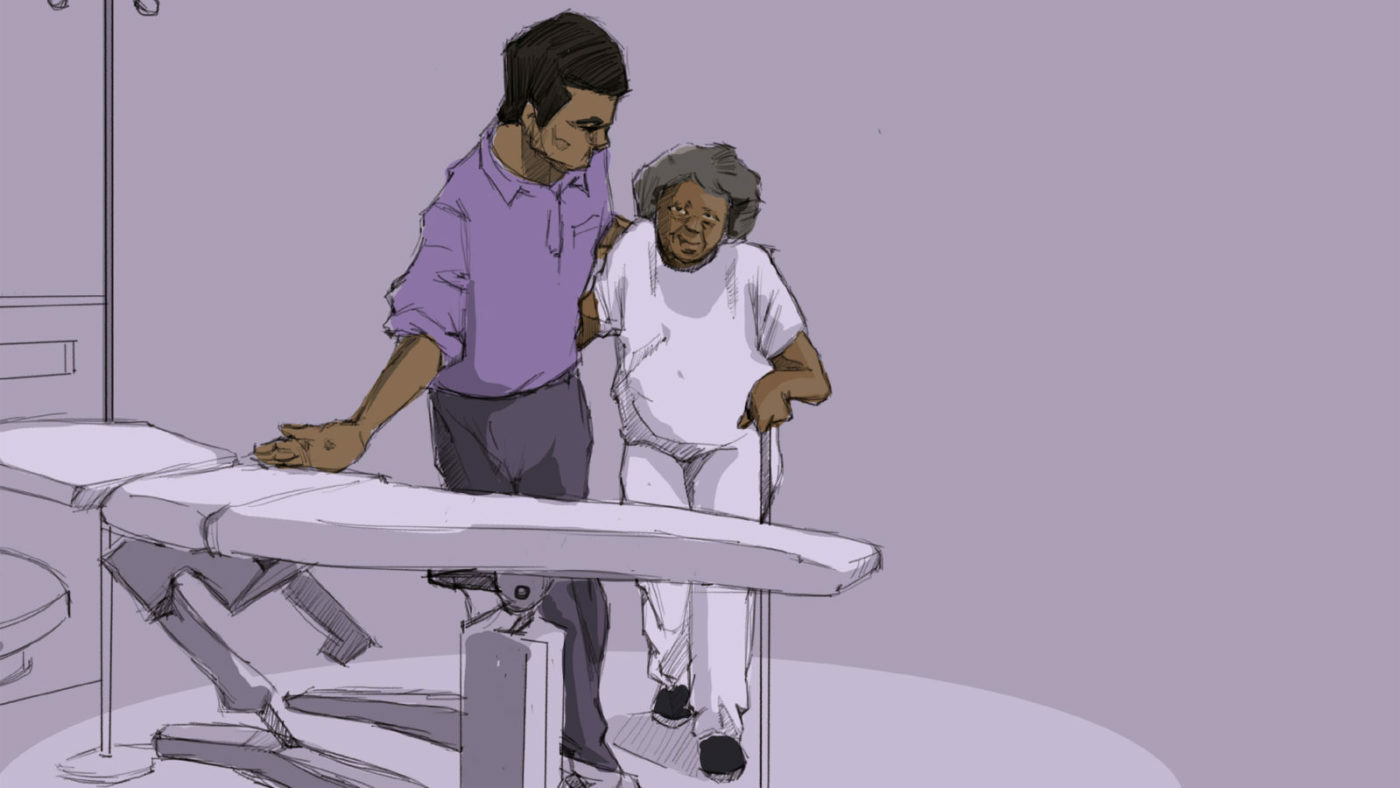 Illustration of a health worker helping a patient.
