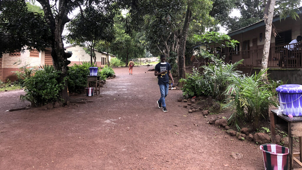 A street with hand washing stations.