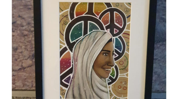 A painting of a woman in a hijab with peace symbols in the background.