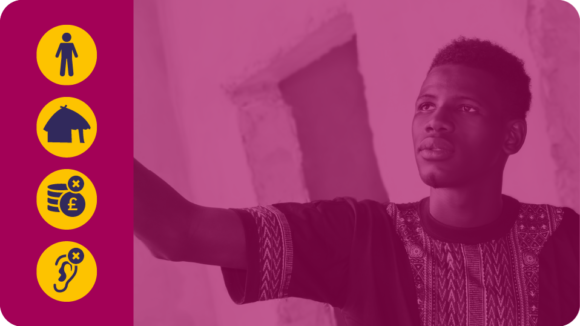 A photo of a young man plus four icons: a person, a rural house, some money and an ear with a cross next to it.