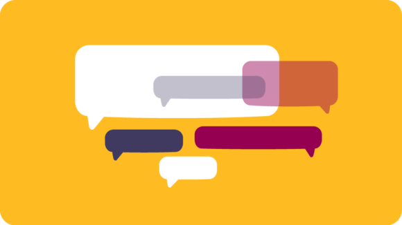 An illustration showing speech bubbles on a yellow background.