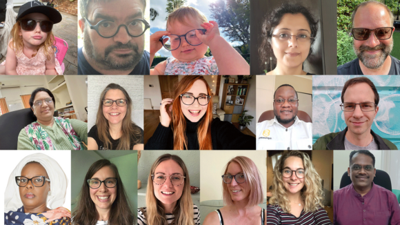 A montage of images of people wearing glasses