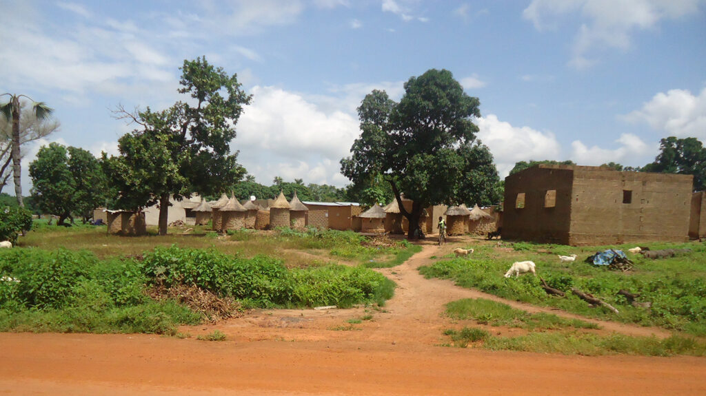 A panorama of a village in Burkina Faso, showing dusty red roads and lush green trees.