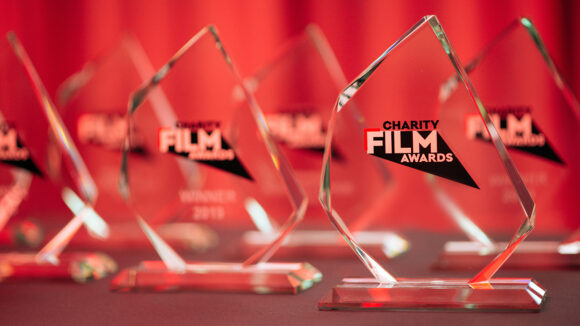 A close-up of the awards, featuring the logo.