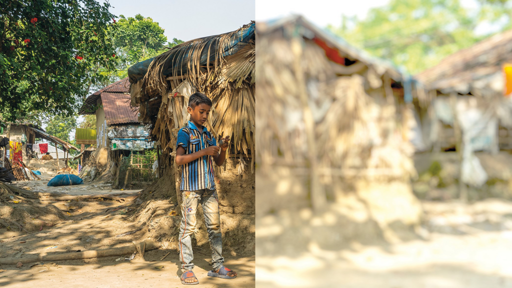 Shahadeb at his local village, one half of image blurred to demonstrate vision loss.