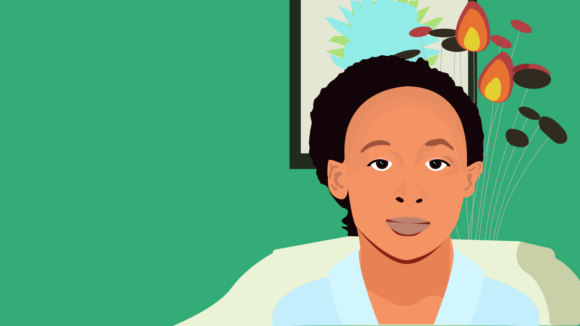 Illustration of student ophthalmologist Dr Hawa Megembe, sitting in a chair with flowers and a framed picture behind her.