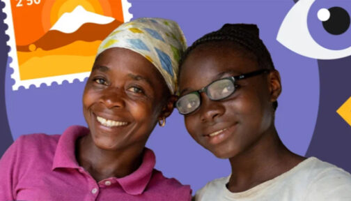 Two women smile brightly against an illustrated purple background.