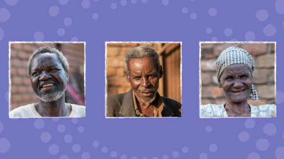 Three local people from Malawi, shown against an illustrated purple background.