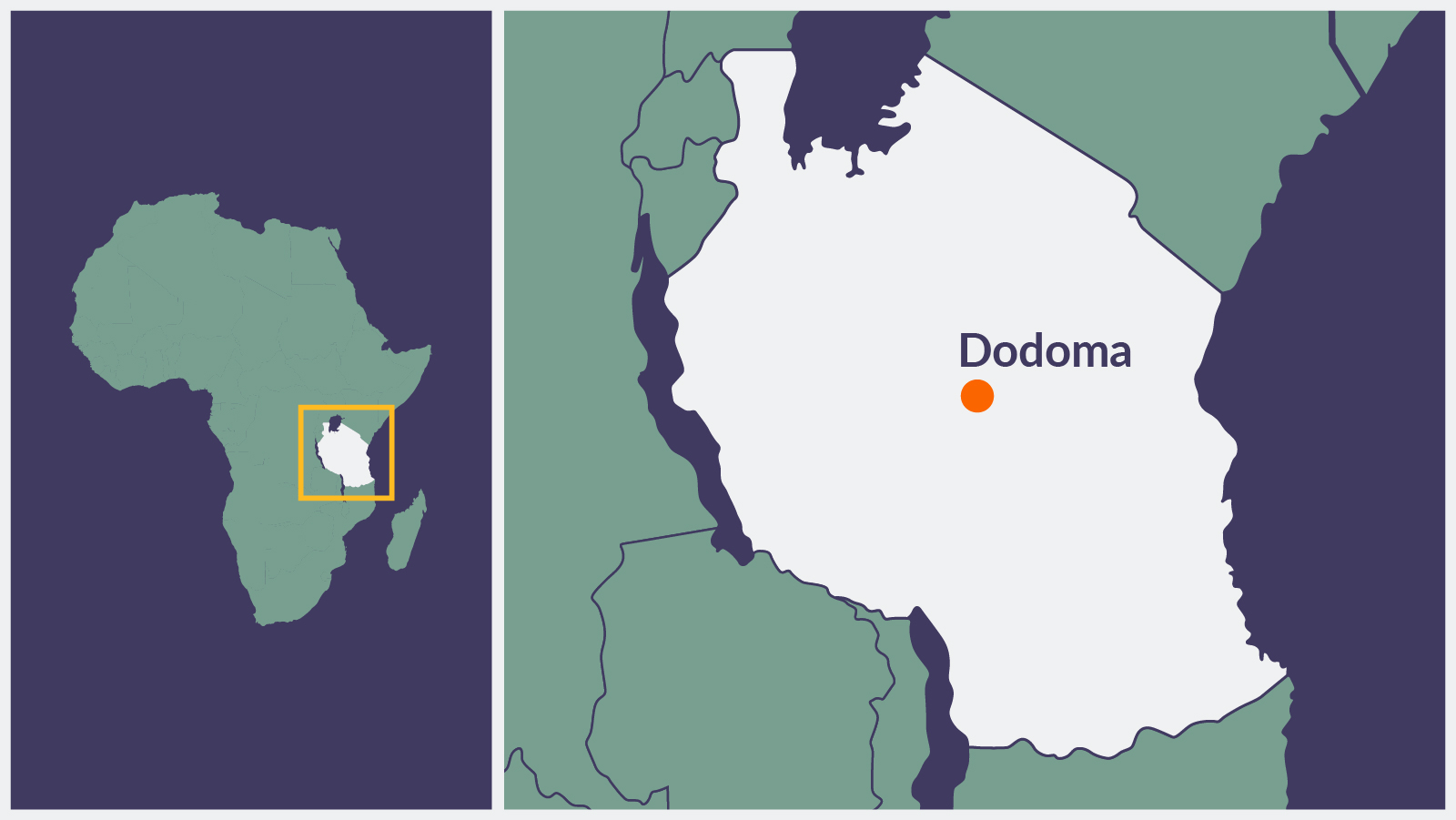 A map of Tanzania, with Dodoma highlighted.