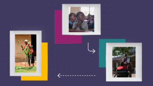 An illustrated graphic showing three images with colourful backgrounds and arrows connecting them.