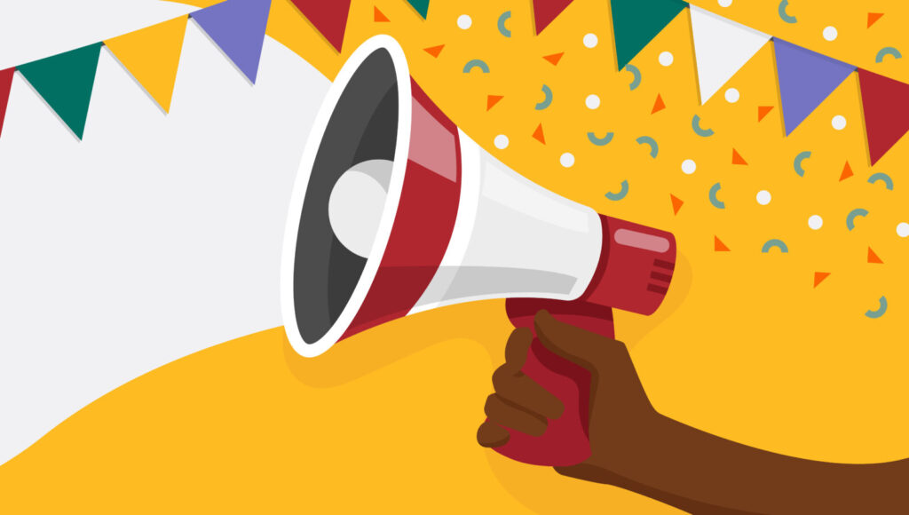 Colourful illustration showing a megaphone and some celebratory bunting and confetti.