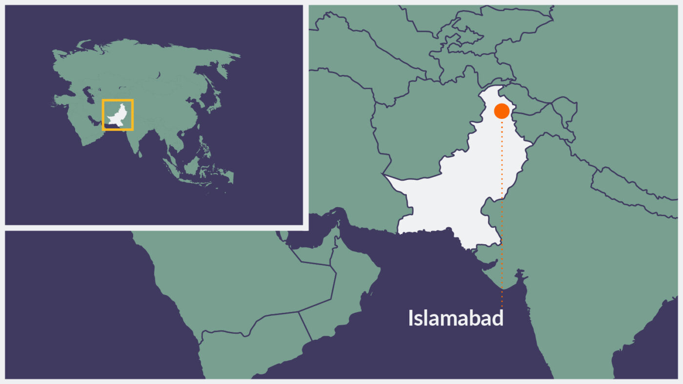 A map of Pakistan, with Islamabad highlighted.