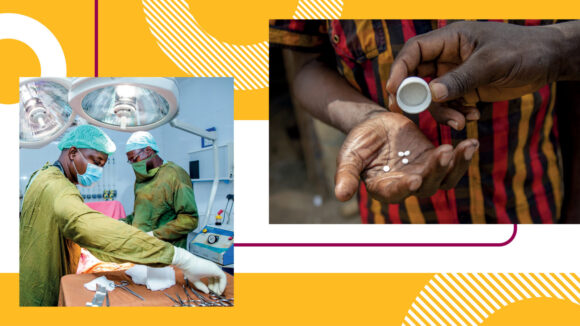 A graphic with a yellow background showing two photos from Sightsavers' work: eye surgeons in theatre, and a hand receiving medication.
