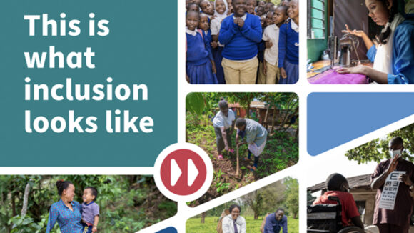 Mock-up of the creative concept of the Inclusive Futures booth design, with the text: This is what inclusion looks like.