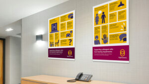 An office wall displaying two posters, titled 'Supporting colleagues who have hearing impairments' and 'Supporting colleagues with physical impairments'.