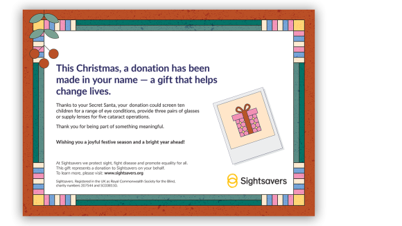 A gift certificate with the wording 'This Christmas, a donation has been made in your name.'