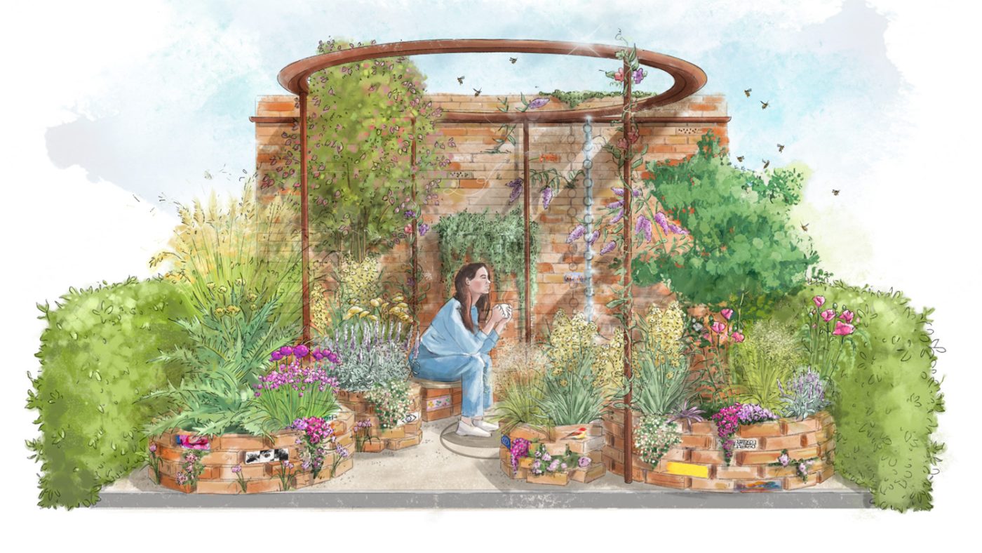 An illustration of a garden, with a woman sitting in the centre of it under a copper sculpture. She is drinking a cup of tea and surrounded by brick planters with an array of different plants. Bees buzz in the air above.