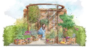 An illustration of a garden, with a woman sitting in the centre of it under a copper sculpture. She is drinking a cup of tea and surrounded by brick planters with an array of different plants. Bees buzz in the air above.